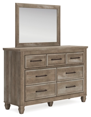 Ashley Yarbeck Sand King Panel Bed with Storage with Mirrored Dresser and Nightstand