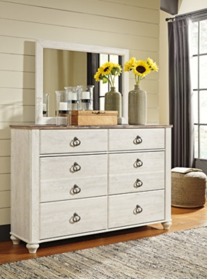 Ashley Willowton Whitewash Queen Panel Bed with Mirrored Dresser and 2 Nightstands
