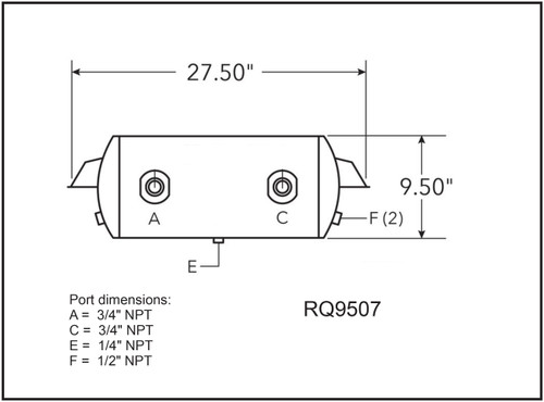 RQ9507 - Air Tank 9.5 x 27.5" 2 Ports @ 0 Deg Inverted Brackets