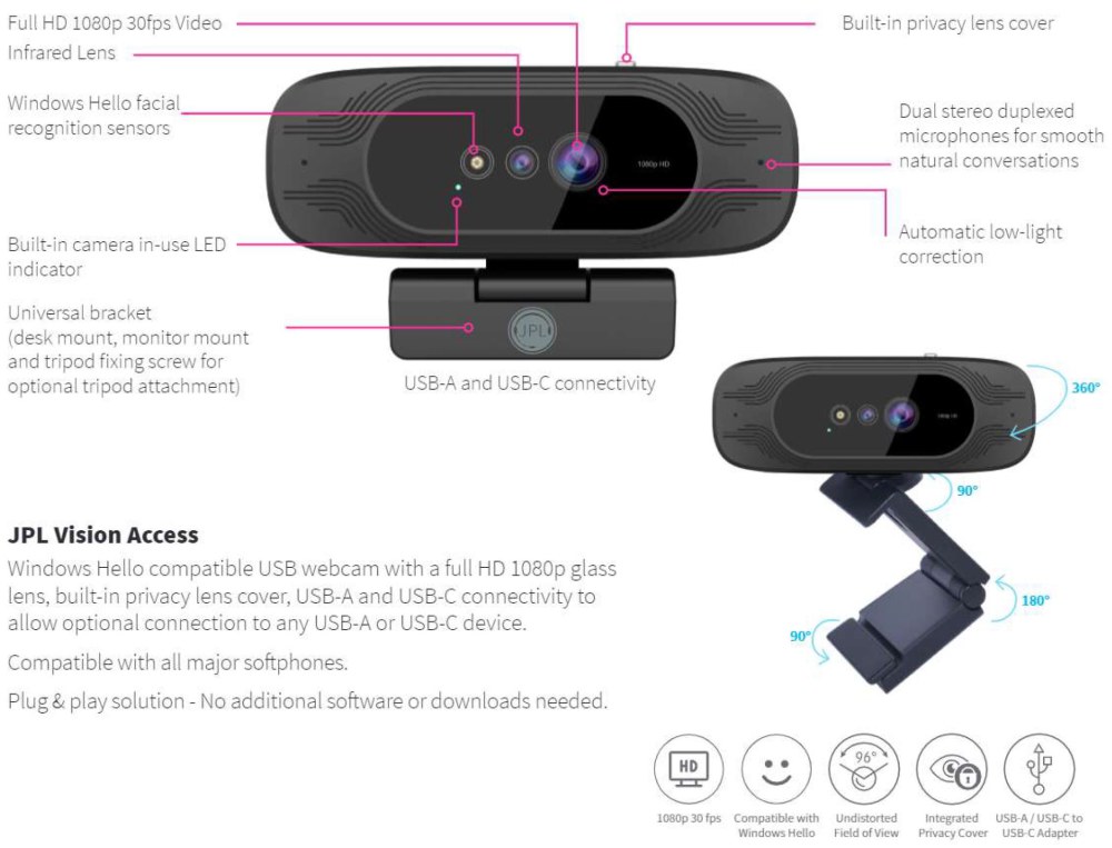 JPL Vision Access Windows Hello Compatible Facial Recognition Webcam  (575-400-001)