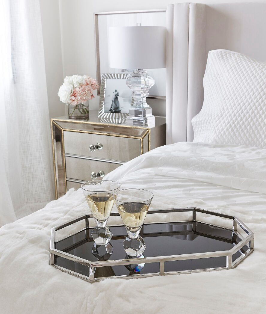 Gold Beads Mirrored Bedside Table Nightstand Mirror Furniture Packages