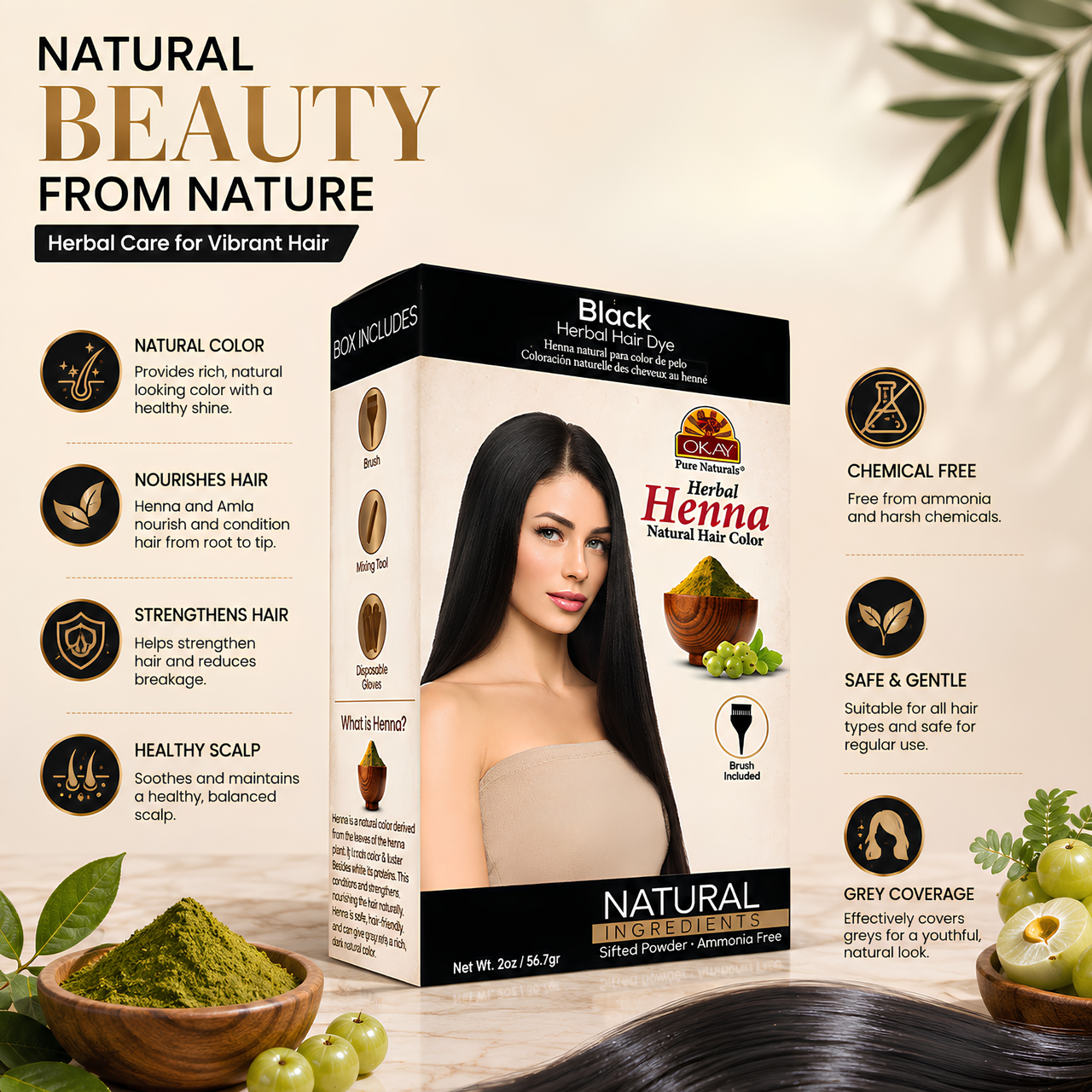 OKAY Herbal HENNA NATURAL Black Hair COLOR - 56.7 gr