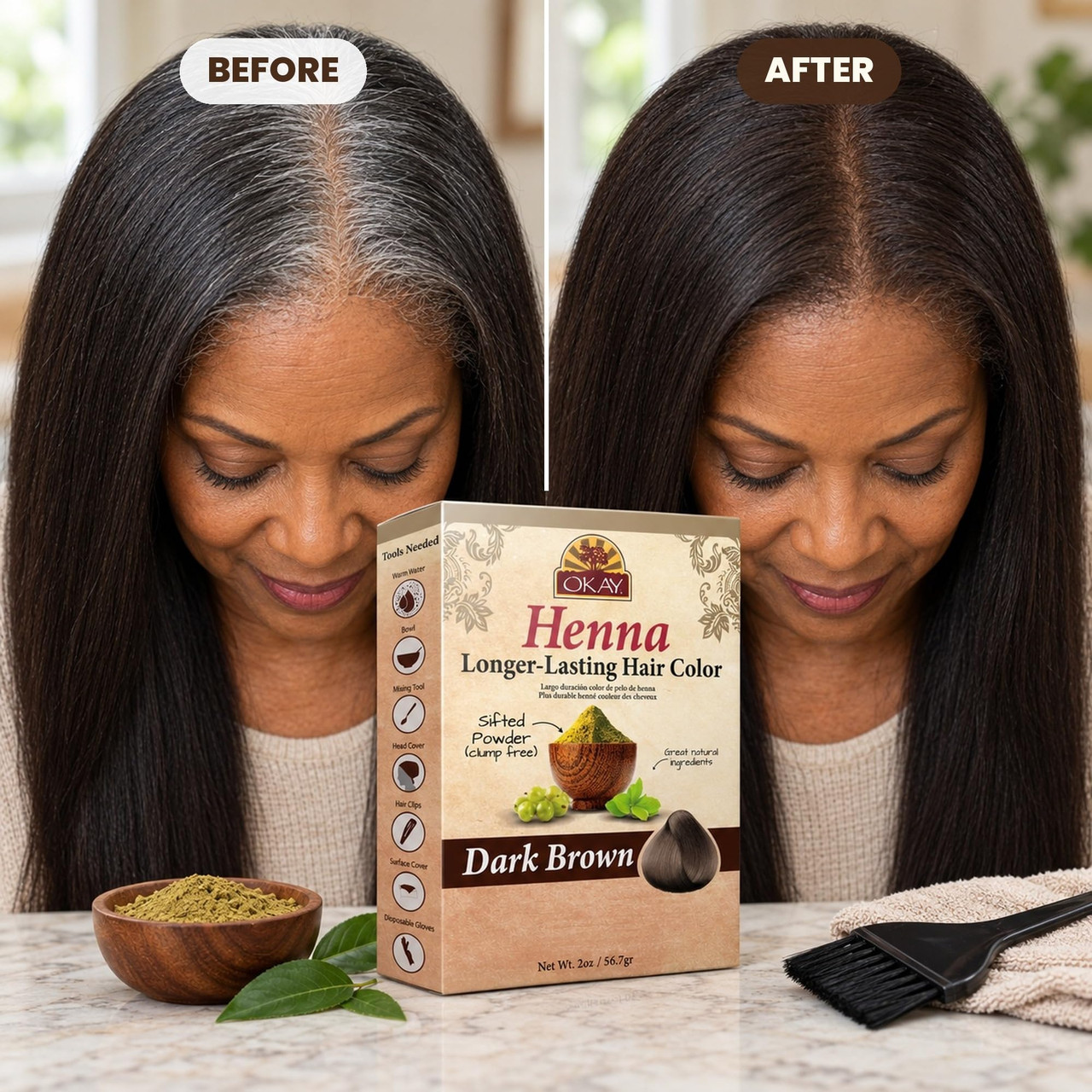 OKAY Dark Brown Henna Longer Lasting Hair Color - 2 oz / 56.7 g