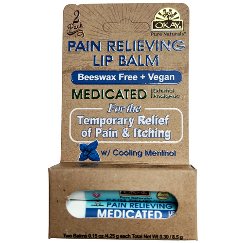 OKAY Pure Naturals 2 Pack- Pain Relieving Lip Balm-Medicated-External Analgesic- For The Temporary Relief Of Pain And Itching- With Cooling Menthol- Beeswax Free + Vegan - 2 x 0.15 oz / 4.25 gr