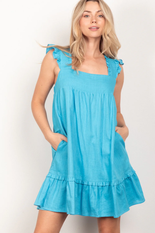 aqua linen dress Hyacinth House Aqua Linen Embroidered Ruthie Mini Dress Aqua Linen / XXL