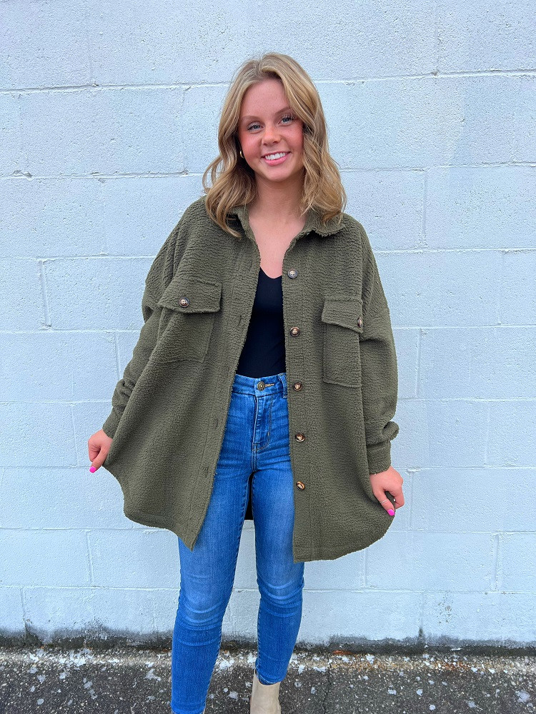 KAT MCRAE SUPER SOFT SHACKET OLIVE Pee Dee Outfitters