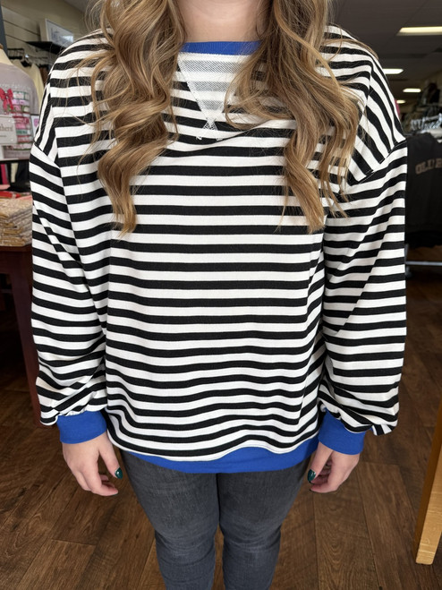 KAT MCRAE CONTRAST COLLAR STRIPED PULLOVER BLACK/WHITE/ROYAL