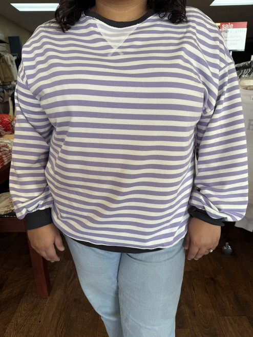 KAT MCRAE CONTRAST COLLAR STRIPED PULLOVER LAVENDER/WHITE/NAVY