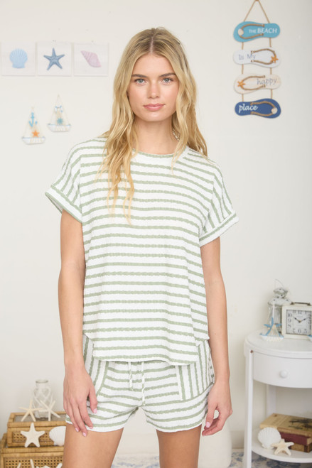 BLU PEPPER TEXTURED STRIPE KNIT TSHIRT OLIVE