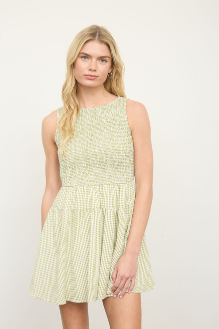 BLU PEPPER GINGHAM SMOCKED DRESS LIGHT OLIVE