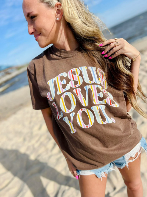 DASH FORWARD STRIPE JESUS LOVES YOU T-SHIRT ESPRESSO