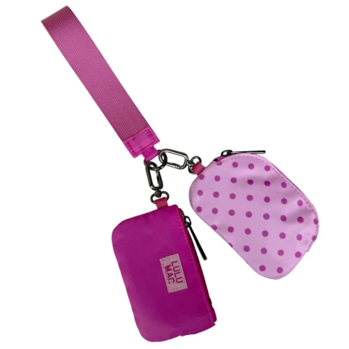 LULU MAC DOT DUAL POUCH WRISTLET LT PINK/HOT PINK DOTS + HOT PINK POUCH