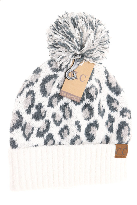 C.C BEANIES LEOPARD BEANIE W/KNIT POM HAT7001 IVORY