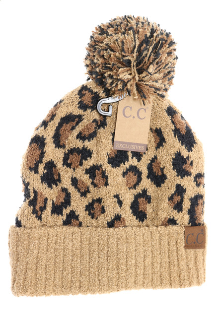 C.C BEANIES LEOPARD BEANIE W/KNIT POM HAT7001 LATTE