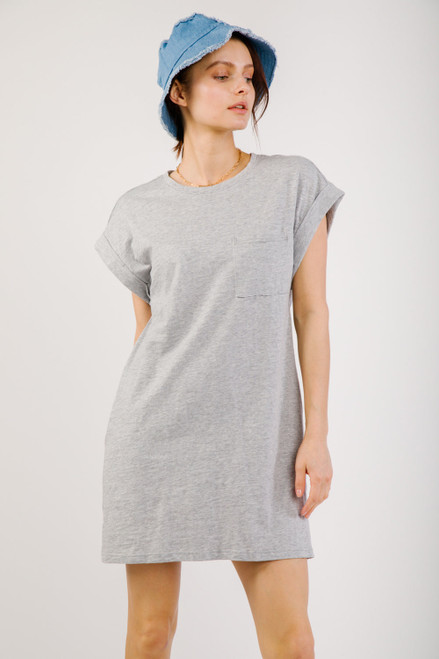 VERY J POCKET MINI SHIRT DRESS HEATHER GREY