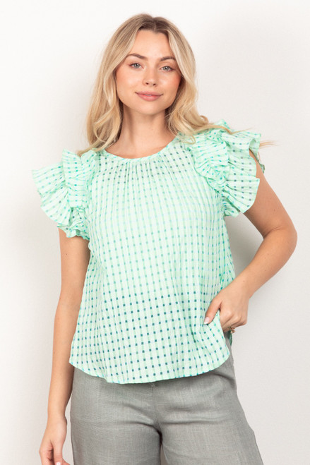 VERY J RUFFLE SLV GINGHAM TOP GREEN