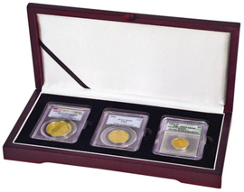 Three Coin Wood Display Box NGC or PCGS graded coins in coin collecting supplies