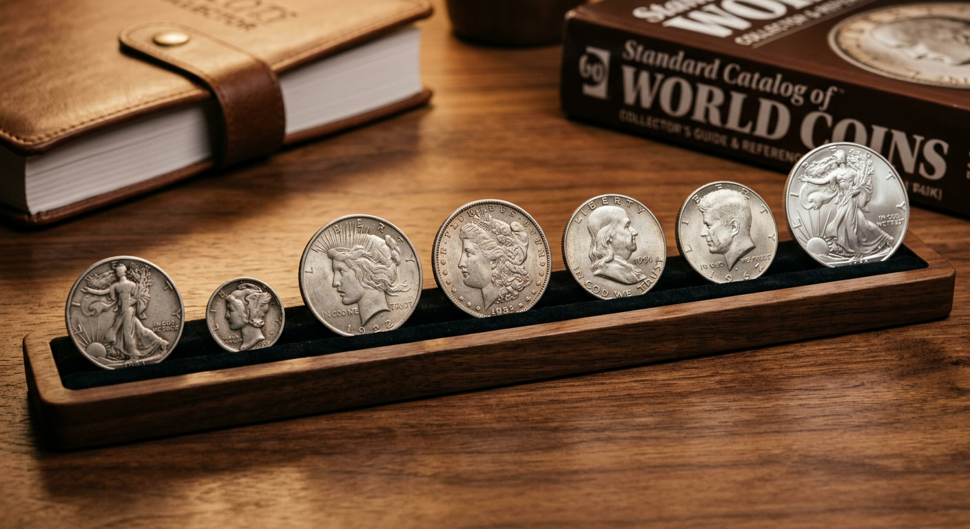 Seven-coin collector path: Walking Liberty, Mercury Dime, Peace Dollar, Morgan Dollar, Franklin Half, Kennedy Half, and American Silver Eagle displayed in a wooden tray