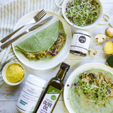 Spirulina crepes with reishi-infused mushrooms