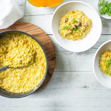 Vegan and FODMAP Friendly Pumpkin Risotto with Candied Walnuts