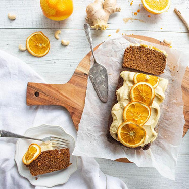 Orange ginger loaf with cashew collagen frosting