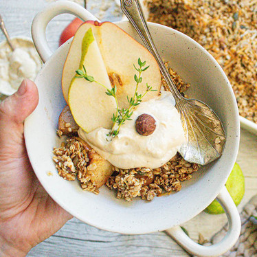 Pear and apple breakfast crumble with tahini yoghurt