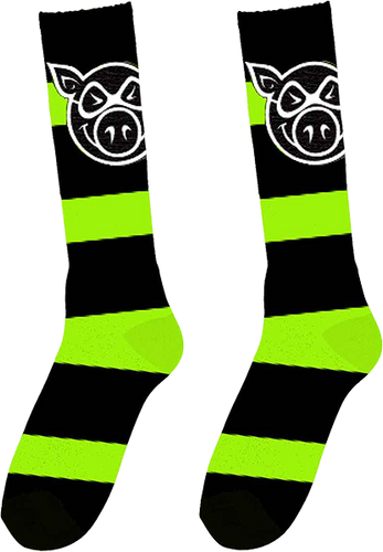 PIG HEAD STRIPE TALL SOCKS GREEN/BLK 1pr