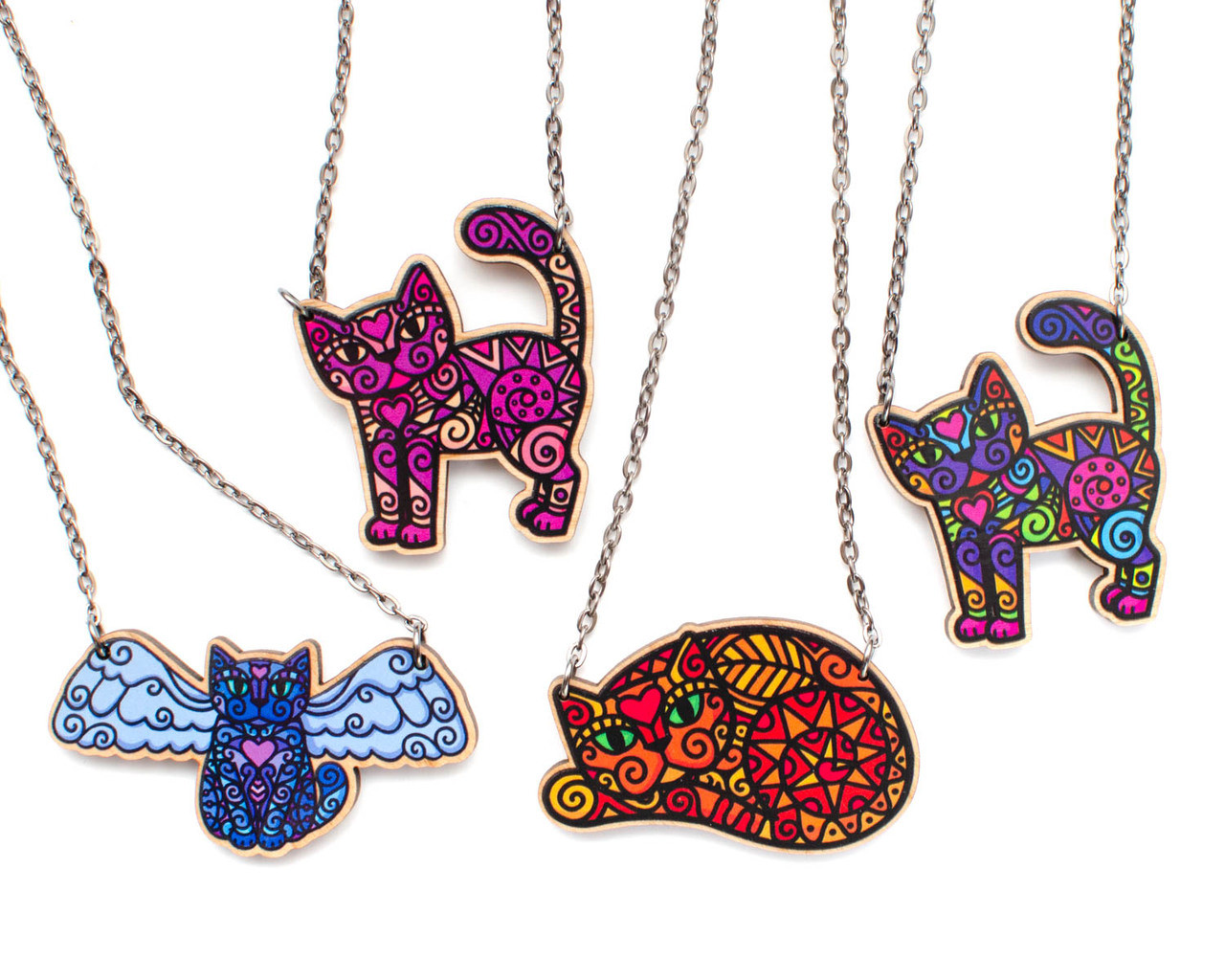 Super Doodley Wooden Standing Cat Necklace - Printed Kitties