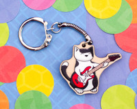 Electric Guitar Cat - Wooden Key Ring - Pixie Cat
