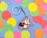 Bass Guitar Cat - Wooden Key Ring - Ginger Cat