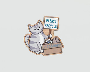 Please Recycle - Wooden Fridge Magnet - Grey cat with sign Please Recycle - Wooden Fridge Magnet - Grey cat with sign