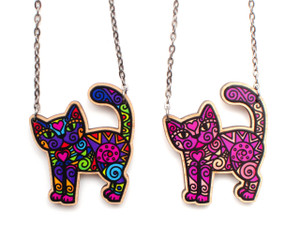 Super Doodley Wooden Standing Cat Necklace - Printed Kitties Super Doodley Wooden Standing Cat Necklace - Printed Kitties