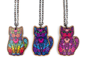Spiral Cat on Long Necklace - Printed Kitties Spiral Cat on Long Necklace - Printed Kitties