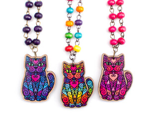 Spiral Cat on Beaded Necklace - Printed Kitties Spiral Cat on Beaded Necklace - Printed Kitties