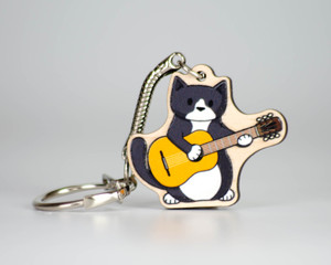 Acoustic Guitar Cat - Wooden Key Ring - Tuxedo Cat