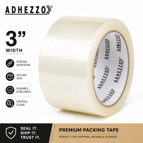 Adhezzo 3 inch 2.7 mil heavy duty clear packing tape sealing shipping box in warehouse with tape dispenser