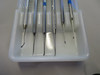 Set of 6 Stainless Steel Discoid/Clleoid Instruments in Antique Milk Glass Tray