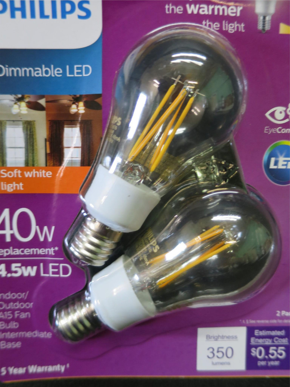 Philips Warm Glow 40W/4.5W Dimmable LED A15 Fan Bulb Intermediate Base 2 Pack