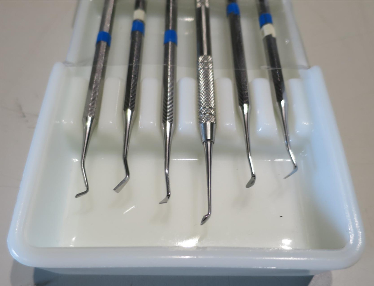 Set of 6 Stainless Steel  Dental Walls Instruments in Antique Milk Glass Tray