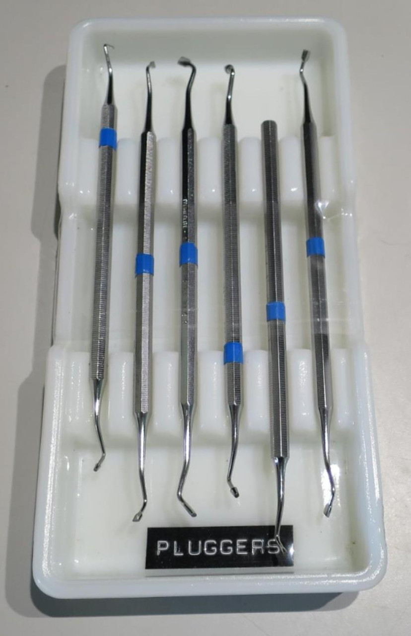 Set of 6 Stainless Steel Dental Pluggers Instruments in Antique Milk Glass Tray