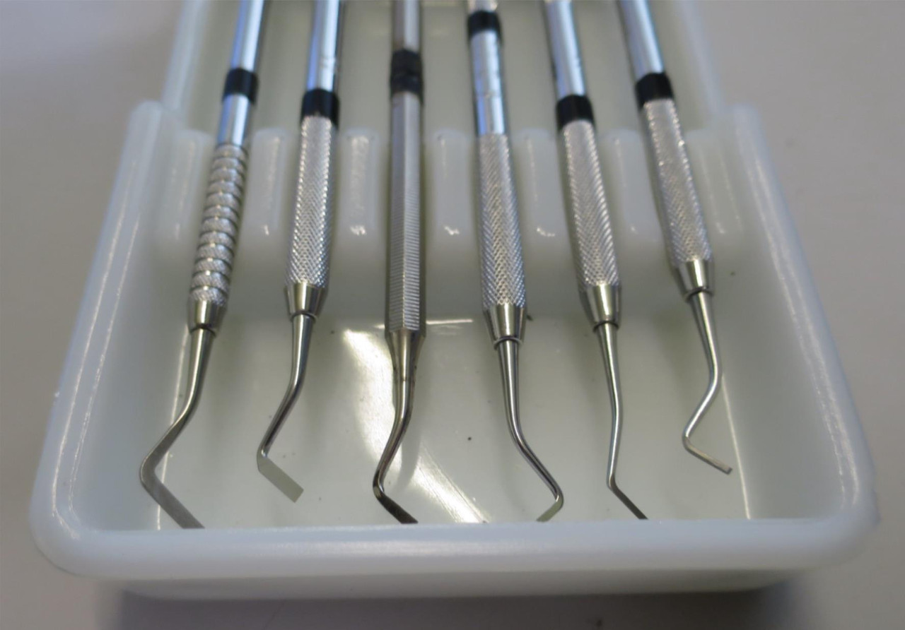 Set of 6 Stainless Steel Enamel Dental Instruments in Antique Milk Glass Tray