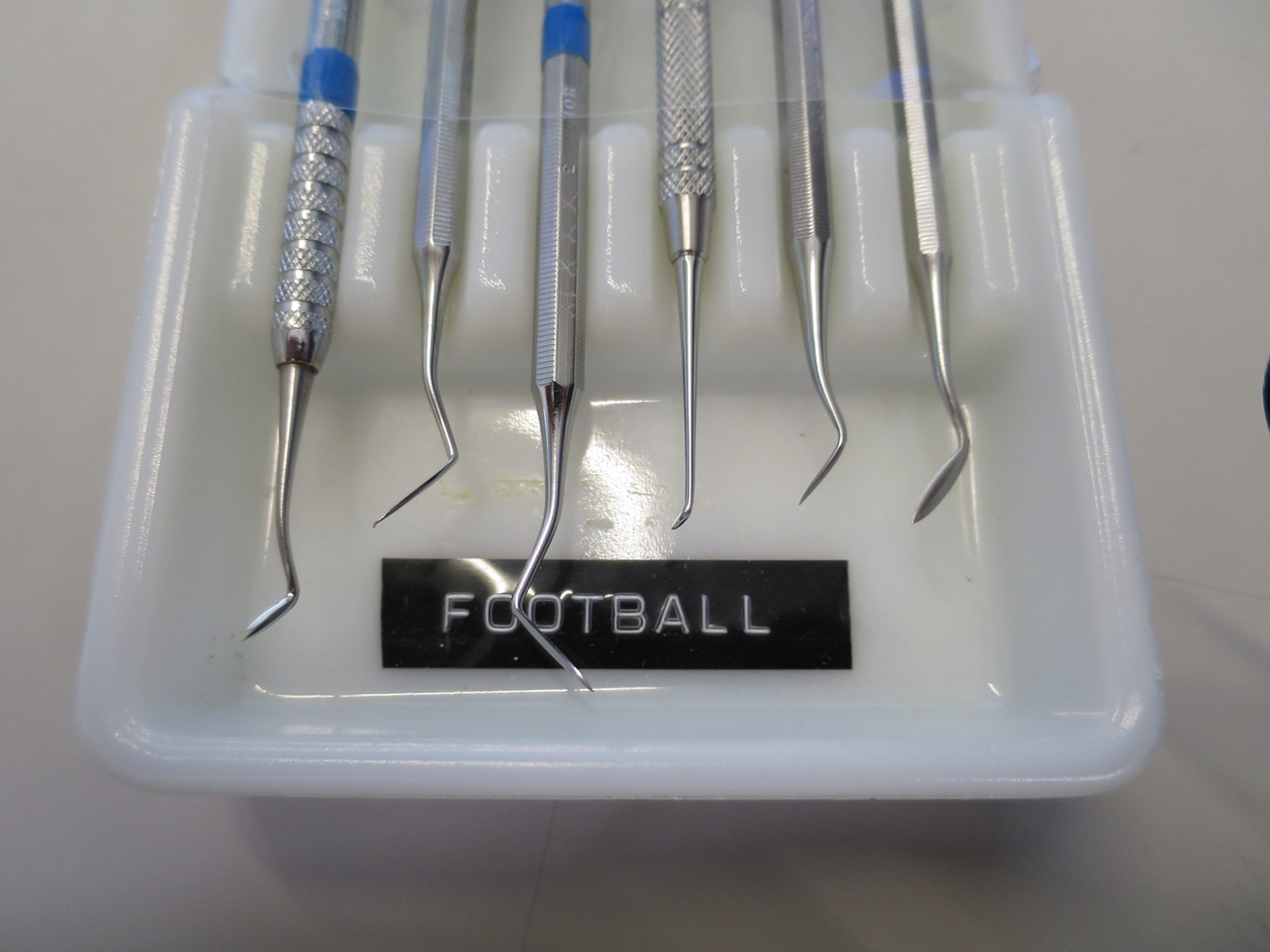 Set of 6 Stainless Steel Football Instruments w/Antique Milk Glass Tray