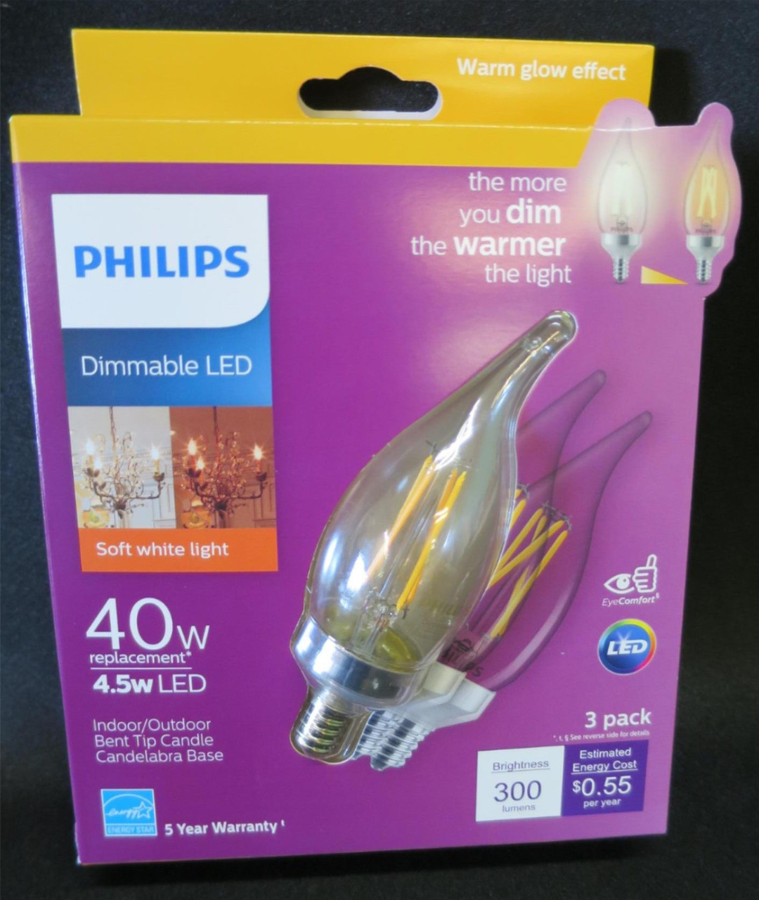 Philips Warm Glow 40W/4.5W Dimmable LED Bent Tip Candle  Candelabra Base 3 Pack