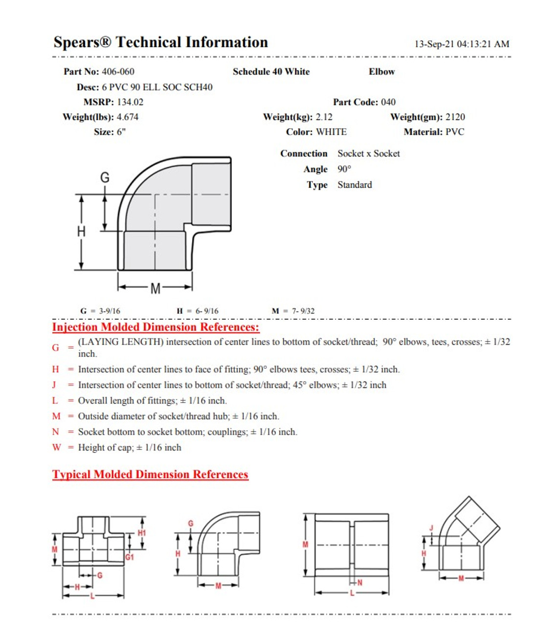 Spears P326-060 22-1/2 Deg 6 in PVC DWV Hub x Spigot Street Bend