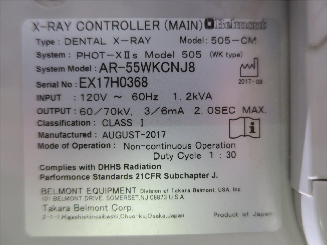 2017 Belmont Phot-X II S 505 Xray Main Controller