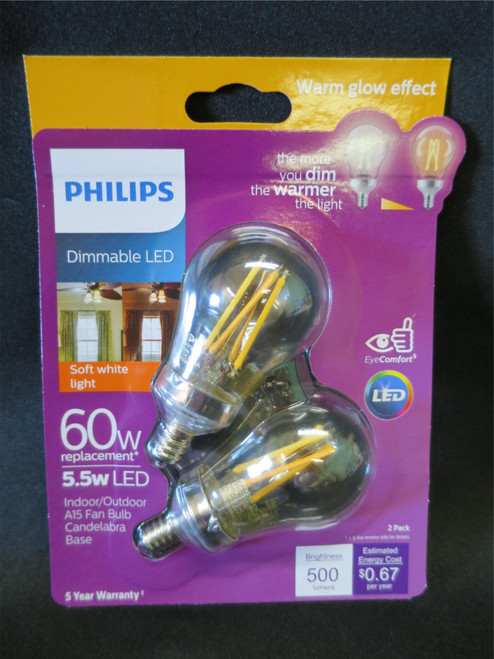 Philips Warm Glow 60W/5.5W Dimmable LED Fan Bulb Candelabra Base 2 Pack