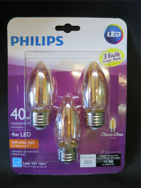 Philips 40W Equivalent Soft White Classic Glass Dimmable LED Light Bulb 3 Pack