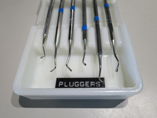 Set of 6 Stainless Steel Dental Pluggers Instruments in Antique Milk Glass Tray