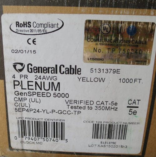 1000' Yellow Cat5 Cable GenSPEED 5000 Cat# 5131379E