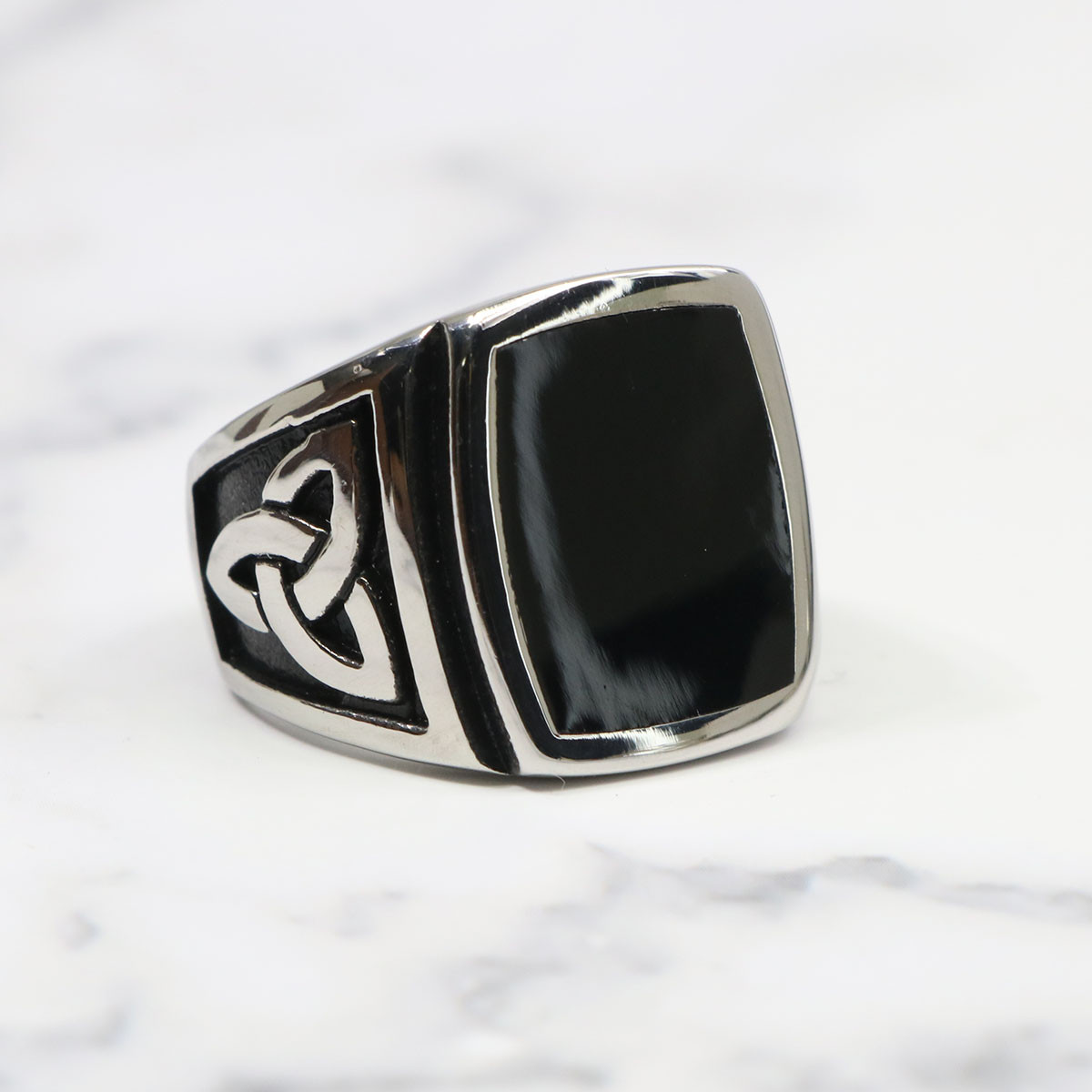 CTHY HERITAGE RING SILVER “BLACK ONYX” Black Onyx Stainless Steel Triquetra Ring | Celtic Trinity Knot